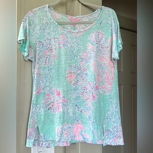 Lilly Pulitzer, slub linen, raglan sleeve tee shirt, small seafoam grn/blue/pink